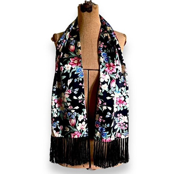 Shanghai Museum Womens Silk Scarf Black Floral Rectangular Tassed Fringe Trim - Picture 3 of 11